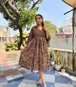 Brown cotton block printed dress