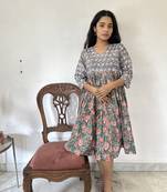 Grey cotton block printed dress