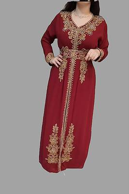 Maroon color Handmade Moroccan Kaftan with  hijab 1