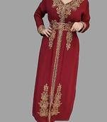 Maroon color luxurious Handmade Moroccan Kaftan with  hijab