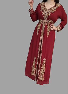 Maroon color Handmade Moroccan Kaftan with  hijab 3
