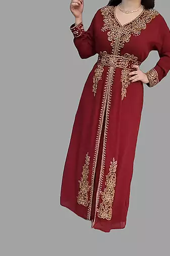 Maroon color Handmade Moroccan Kaftan with  hijab