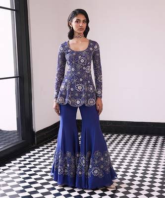 Cluster flower emb kurta scalp edging at the bottom of kurta and placement flower emb sharara 1