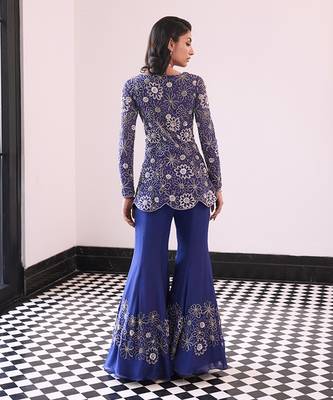 Cluster flower emb kurta scalp edging at the bottom of kurta and placement flower emb sharara 3