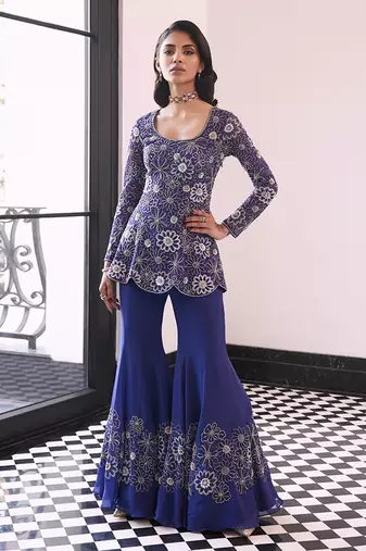 Cluster flower emb kurta scalp edging at the bottom of kurta and placement flower emb sharara