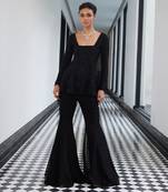 Tone on tone checks and paisley full sleeves peplum kurta with plain sharaa pants