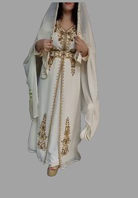 Off-White color Handmade Moroccan Kaftan with Embroidered zari work hijab  hijab 1