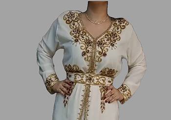 Off-White color Handmade Moroccan Kaftan with Embroidered zari work hijab  hijab 2