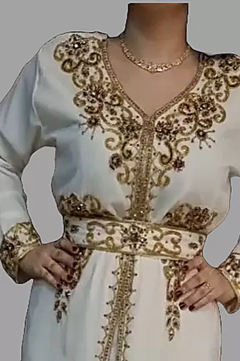 Off-White color Handmade Moroccan Kaftan with Embroidered zari work hijab  hijab