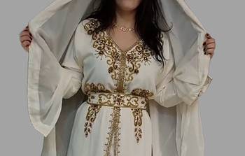 Off-White color Handmade Moroccan Kaftan with Embroidered zari work hijab  hijab 3