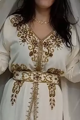 Off-White color Handmade Moroccan Kaftan with Embroidered zari work hijab  hijab