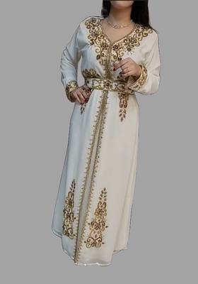 Off-White color Handmade Moroccan Kaftan with Embroidered zari work hijab  hijab 4