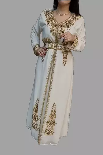 Off-White color Handmade Moroccan Kaftan with Embroidered zari work hijab  hijab