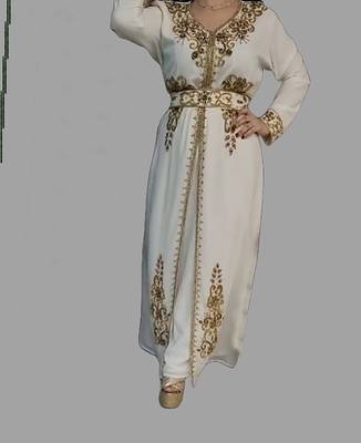 Off-White color Handmade Moroccan Kaftan with Embroidered zari work hijab  hijab 5