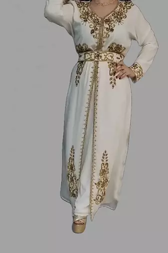 Off-White color Handmade Moroccan Kaftan with Embroidered zari work hijab  hijab
