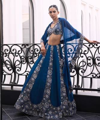 CLUSTER FLOWER EMBELLISHED LEHENGA BLOUSE SHORT CAPE 1