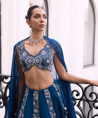 CLUSTER FLOWER EMBELLISHED LEHENGA BLOUSE SHORT CAPE 2