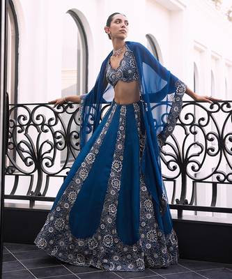 CLUSTER FLOWER EMBELLISHED LEHENGA BLOUSE SHORT CAPE 3