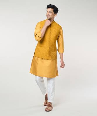Mustard embroidered kurta-jacket set 1