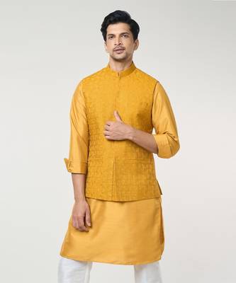 Mustard embroidered kurta-jacket set 4