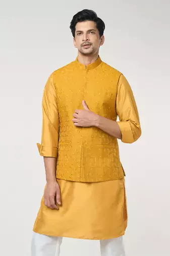 Mustard embroidered kurta-jacket set
