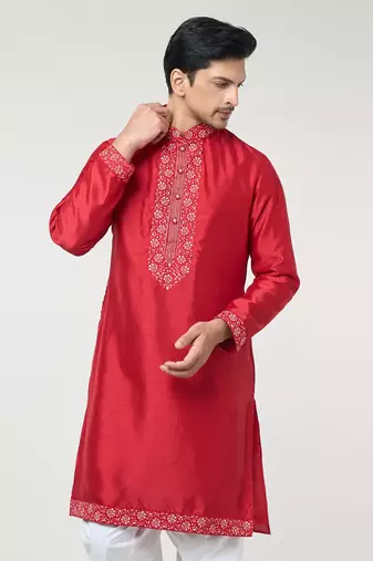 Cherry red embroidred kurta set