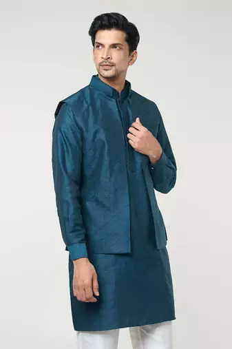 Rama green pintuck kurta-jacket set