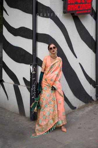 Peach Silk Zari Weaving Saree Rich Pallu With Blouse For Women