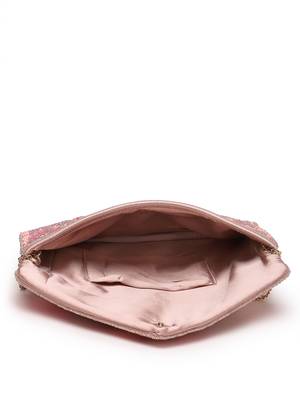 Lush flamingo pink, magenta & pale gold floral embellished satin sling bag 7