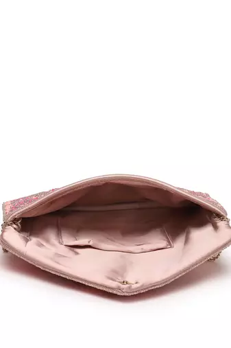 Lush flamingo pink, magenta & pale gold floral embellished satin sling bag