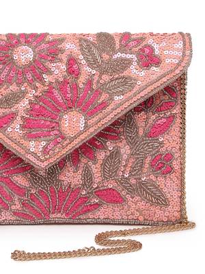 Lush flamingo pink, magenta & pale gold floral embellished satin sling bag 8