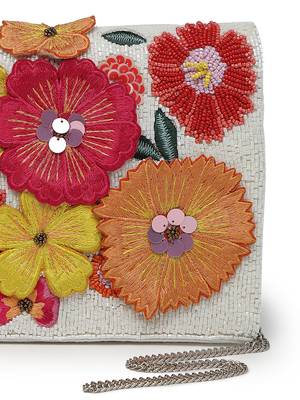 Lush white & multi floral patch work embellished cotton canvas sling bag 8