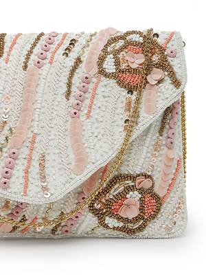 Lush white , pastel pink & gold abstract embellished cotton canvas sling bag 8