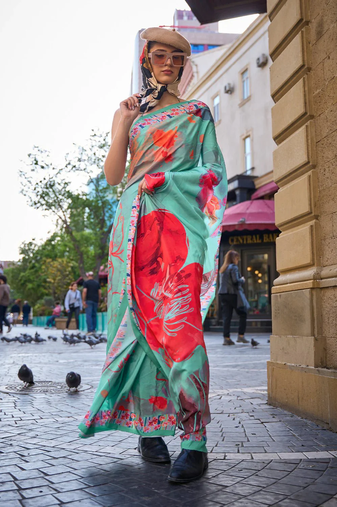 Vsaree Green Silk Crepe Digital Printed Saree With Blouse For Women