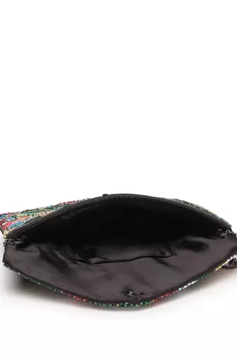 Boho black & multi floral bead work cotton canvas sling bag