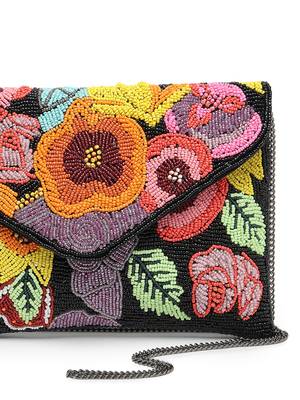 Boho black & multi floral bead work cotton canvas sling bag 8