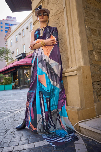 Vsaree Purple Silk Crepe Digital Printed Saree With Blouse For Women