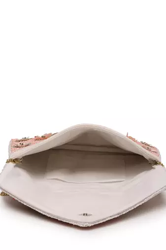 lush baby pink, white & champagne floral embellished cotton canvas sling bag