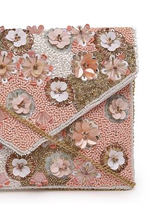 lush baby pink, white & champagne floral embellished cotton canvas sling bag 8