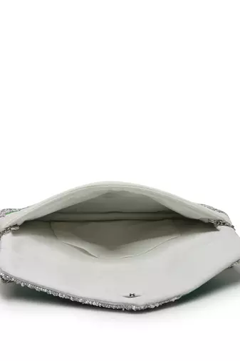 lush silver & green botanical embroidered cotton canvas sling bag