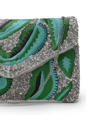 lush silver & green botanical embroidered cotton canvas sling bag 8