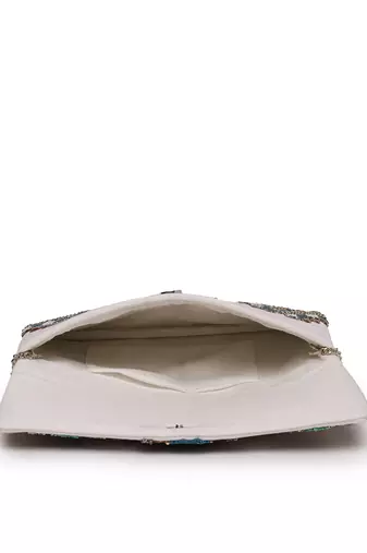 Tribal white & multi ethnic motifs embellished cotton canvas sling bag