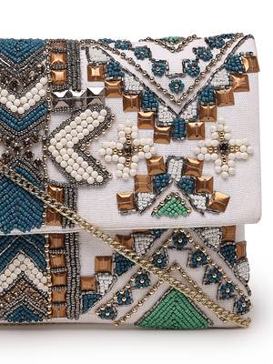 Tribal white & multi ethnic motifs embellished cotton canvas sling bag 7