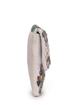 Tribal white & multi ethnic motifs embellished cotton canvas sling bag 8