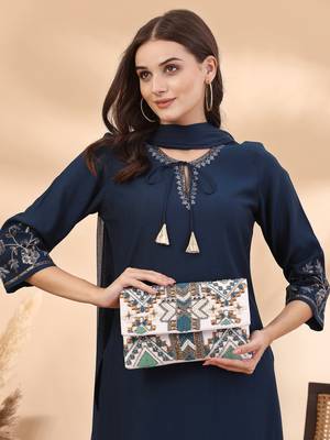 Tribal white & multi ethnic motifs embellished cotton canvas sling bag 9