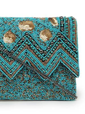 tribal turquoise blue & copper chevron embellished cotton canvas sling bag 8