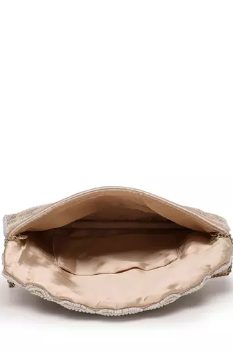 tribal ivory & champagne scale & paisely embellished satin sling bag