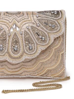 tribal ivory & champagne scale & paisely embellished satin sling bag 8