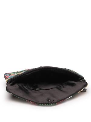 Boho black & multi floral embellished satin sling bag 7