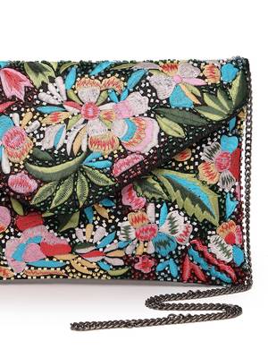 Boho black & multi floral embellished satin sling bag 8